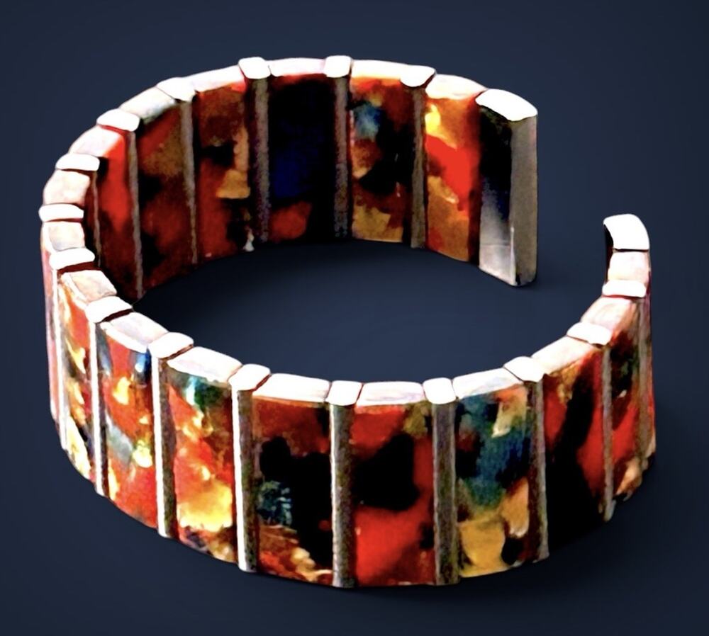 Vintage Acrylic Stretch Cuff Bracelet Marbled Red Gold Blue Silver Tone Bars Y2K